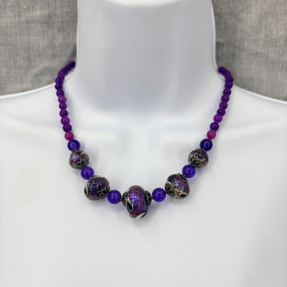 Purple Beaded Necklace with Galaxy-Inspired Statement‎ Beads 19" Collar Length